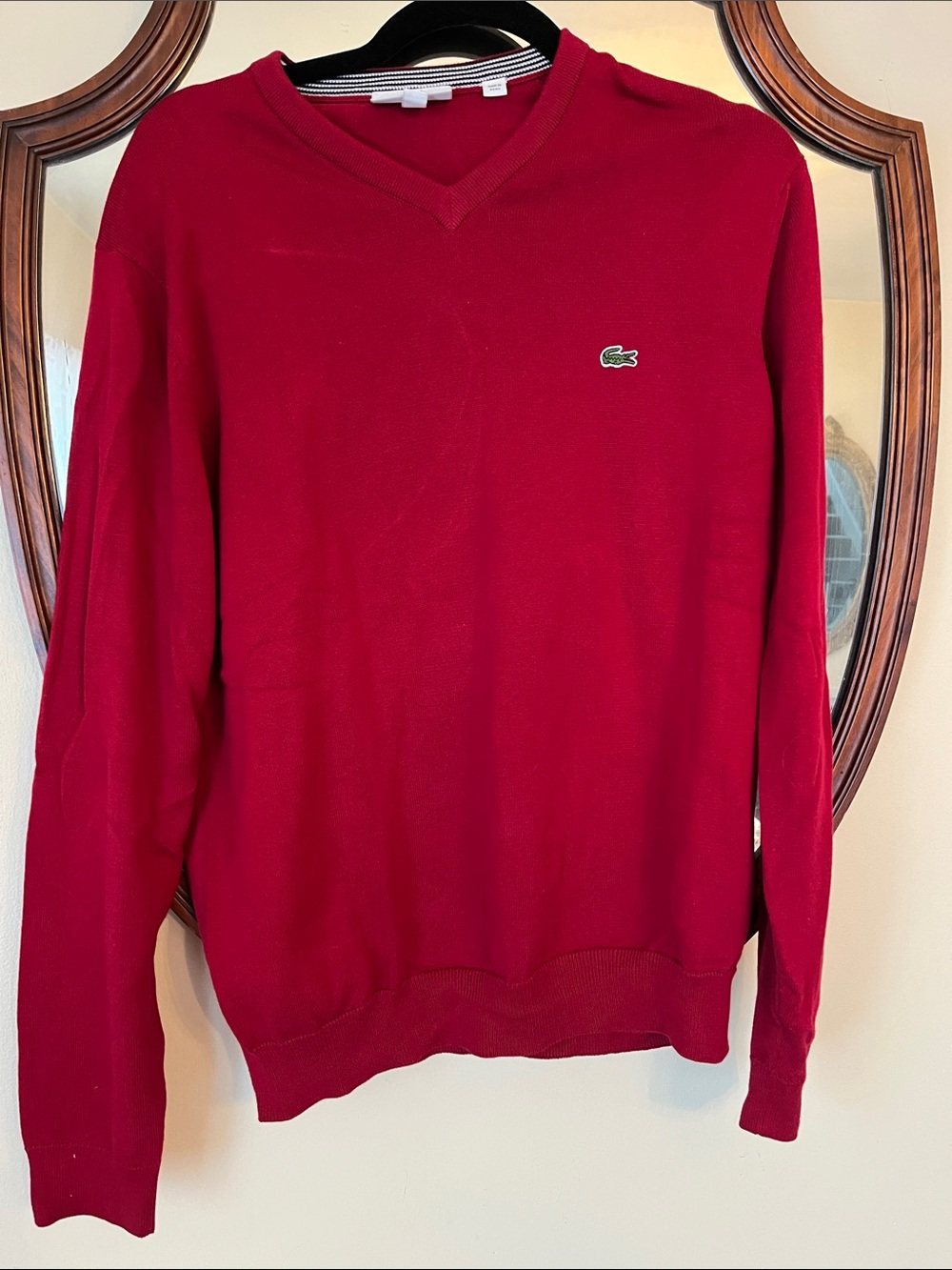 Lacoste Men's V-Neck Sweater in Deep Red with Crocodile Logo Size Medium, NWOT!